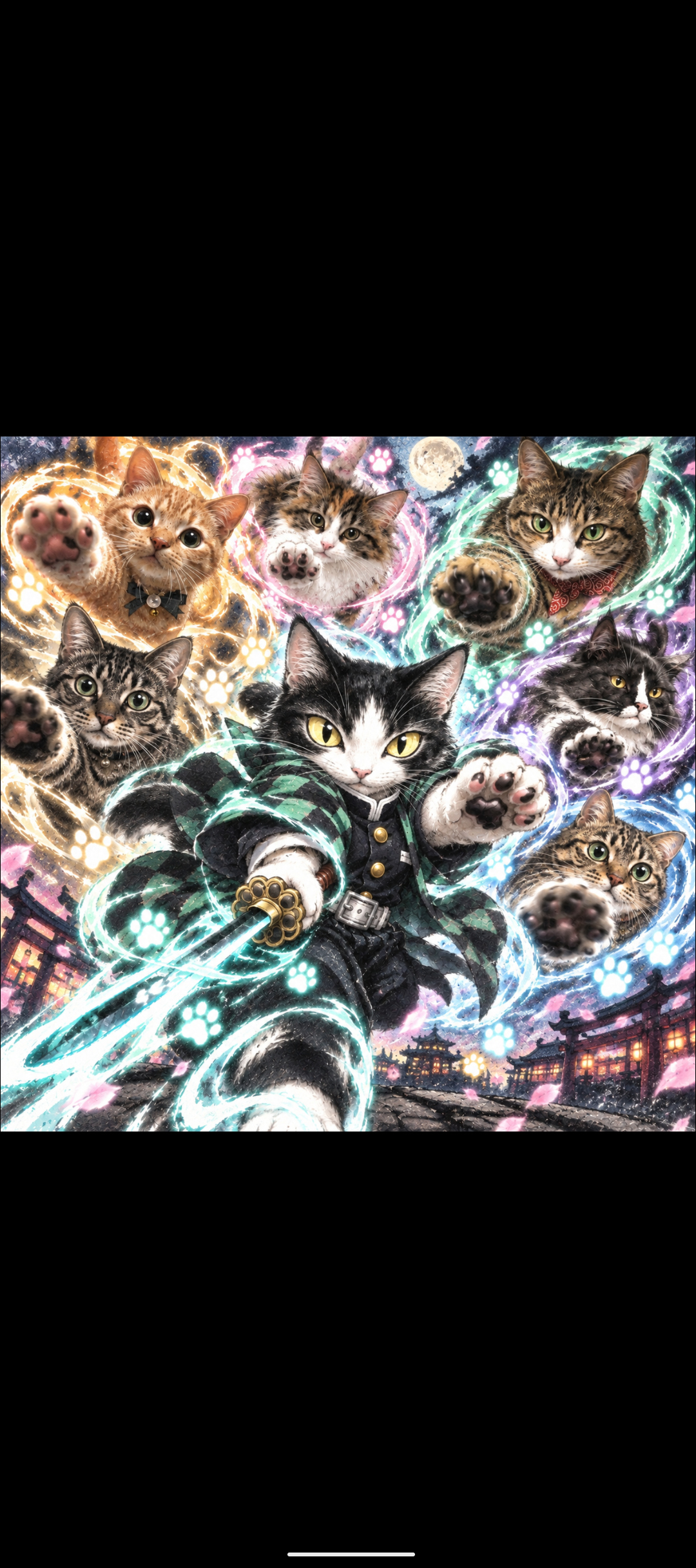 a group of cats in a colorful background