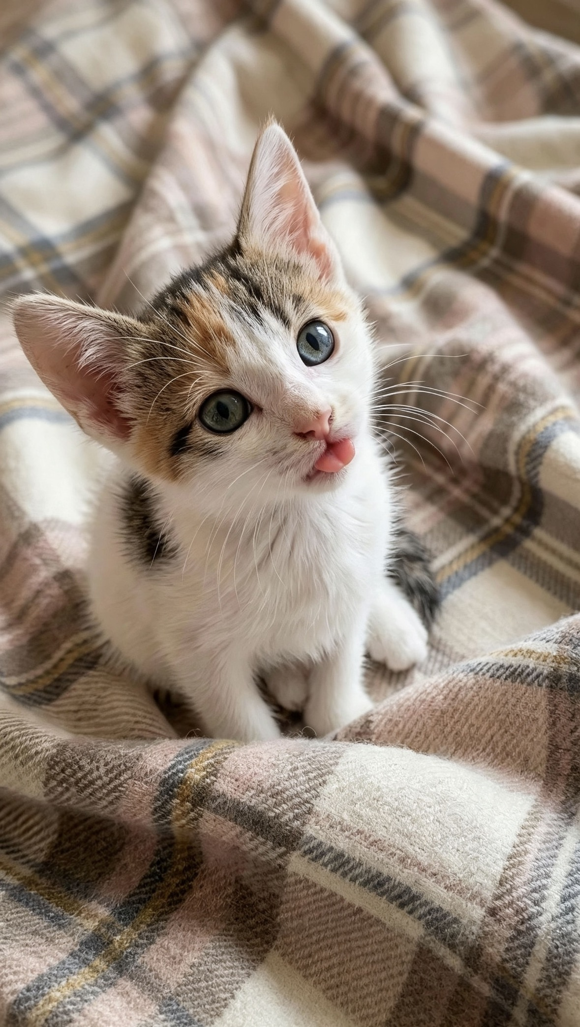 a kitten sitting on top of a blanket